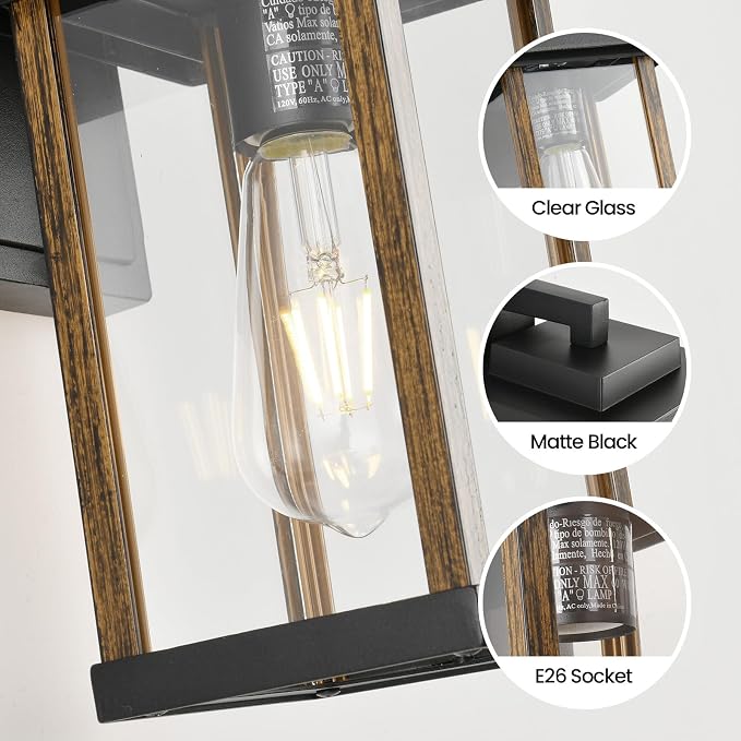 Outdoor Wall Sconce Outside Porch Light in Wood Grain & Black Finish