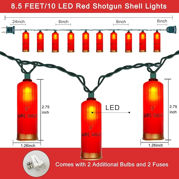 SUNSGNE Red Shotgun Shell String Lights - 8.5ft Plug-in Red Christmas Lights with 10 LED Bulbs for Christmas Hunting-Themed Party Decor