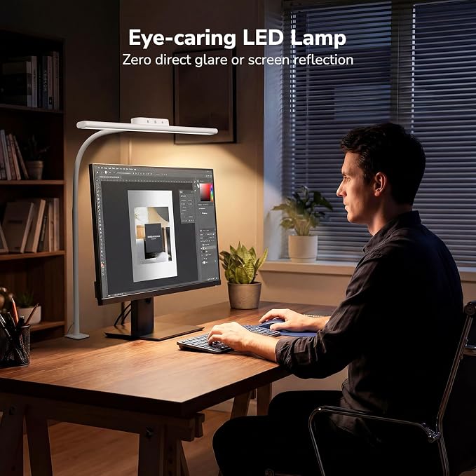Lepro Desk Lamp with Clamp, Led Clip on Desk Lights for Home Office, White | 11W 750LM Eye Caring Task Light, 25 Lighting Modes, Flexible Gooseneck, Architect Lamp for Monitor, Workbench, Draft, Crafts