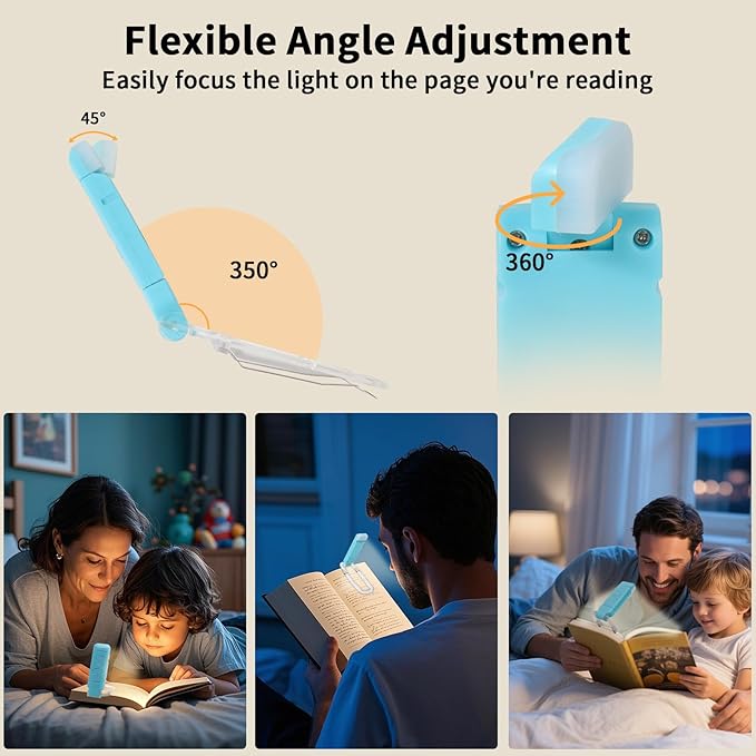 Clip On Book Light, USB Rechargeable Reading Light with 3 Color Modes, 5 Brightness Levels, Flexible Clamp Arm for Bed and Travel(Blue, Clip On)