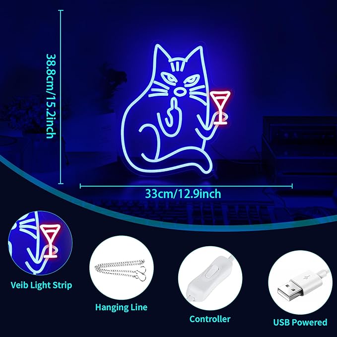 Neon Sign, HSJNJKFU Blue Cat Neon Signs for Wall Decor Cat Led Light Up Sign for Bedroom Wall Decor Funny Animal Sign Room Birthday Party Home Decor USB Powered