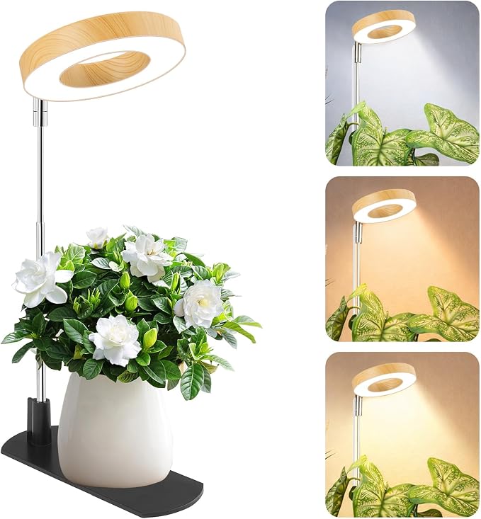 LBW Grow Lights for Indoor Plants, Full Spectrum Halo Grow Light with Base | 48 LEDs Bamboo Grain Grow Lamp, Base/Soil Stake, 7.8-26" Adjustable, 6/8/12/16H Timer, 3 Color, 5 Brightness, For Small Plant