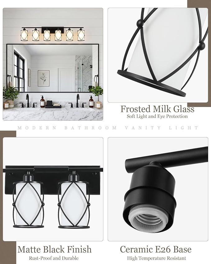 6-Light Matte Black Bathroom Light Fixtures Over Mirror, 42" UL-Listed Modern Farmhouse Wall Sconce Lights with Milk White Frosted Glass and Metal Cage for Bath, Hardwire E26, CH9176BKW-6W