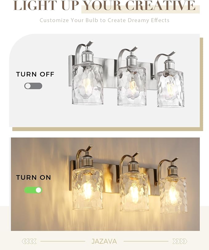 3-Light 20 Inch Bathroom Vanity Light,Hammered Glass,Nickel | Over Mirror Wall Light,E26 sockets,for bathroom mirror,powder room,dressing area