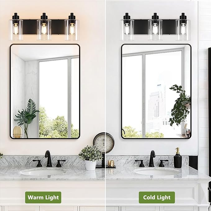 Bathroom Light Fixtures,Matte Black 3-Light Bathroom Lights Over Mirror with Clear Glass Shade,Wall Sconces for Kitchen Living Room Bedroom