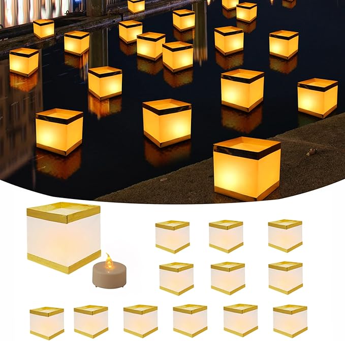 12Pack Reusable Floating Square Lanterns with LED Flameless Candles, Decorative Outdoor Table Lanterns for Weeding, Lawn, Pool, Wishing
