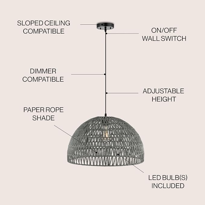 JONATHAN Y Campana 1-Light Pendant Dome Ceiling Lamp, 20", Gray | Modern Coastal Farmhouse Decor, Adjustable Height, Woven Rope Metal Frame, LED Bulb Included, UL Listed