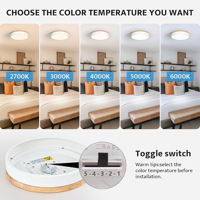 Dimmable Wood Oak Ceiling Light Fixture Modern White LED Flush Mount Ceiling Light 5CCT Minimalist Circle Close to Lighting Fixture for Bedroom Kitchen Bathroom Laundry Room 11.81 Inch