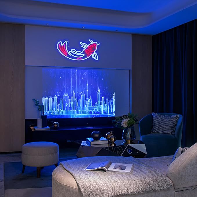 Koi Fish Neon Sign - Japanese Carp LED Neon Lights in Blue & Red, Lucky Fish Wall Decor 17"x9.5" with USB/Switch Dimmable for Bar, Restaurant, Office, Fishroom, Koi Pond