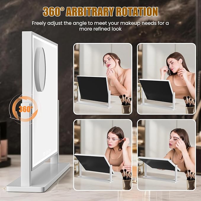 Rechargeable Vanity Mirror with Lights, 3000mAH Battery, 17"×12" LED Makeup Mirror, 10X Magnification, Smart Touch with 3-Color Lighting, 360° Rotation, Lighted Up for Makeup Desk, Bedroom (White)