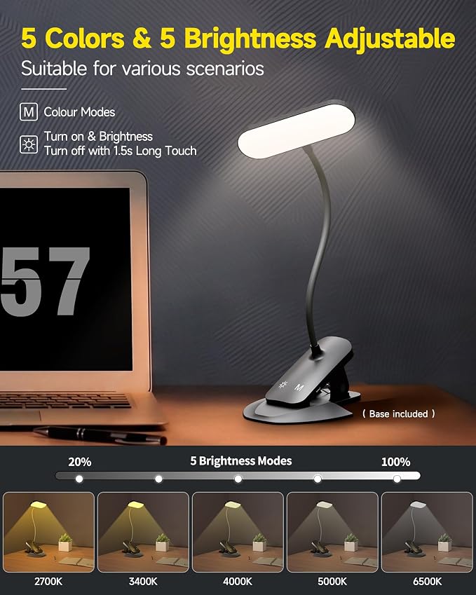 CUHIOY Rechargeable Clip on Light, Bed Headboard Reading Lamp, Black | Portable Cordless Battery-Operated USB-C, 5 Colors 5 Brightness Goose-Neck, Flicker-Free Clamp Desk Dorm Bunk Bed Light