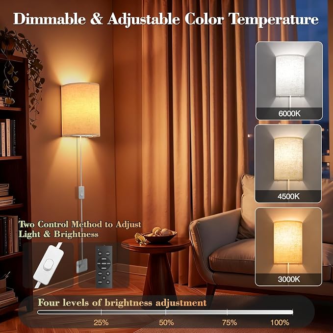 Plug in Wall Sconces Set of Two: Wall Lights with 7 RGB Colors - 3 Color Temperature Wall Mount Lamps with Remote - Fabric Linen Wall Sconc for Bedroom Living Room & Hallway- Indoor Corded Wall Sconce | 3 Color Temperature Wall Mount Lamps with Fabric ...