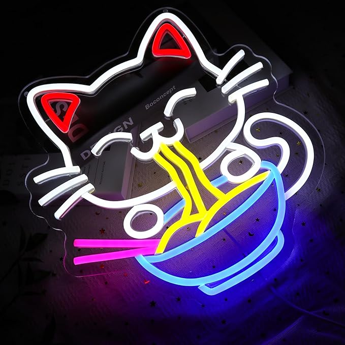Fortune Cat Ramen Neon Sign for Wall Decor, Japanese Lucky Cat Led Signs for Business, USB Dimmable Cartoon Cat Neon Lights for Noodles Shop Kitchen Home Pub Dinning Room Restaurant Wall Art