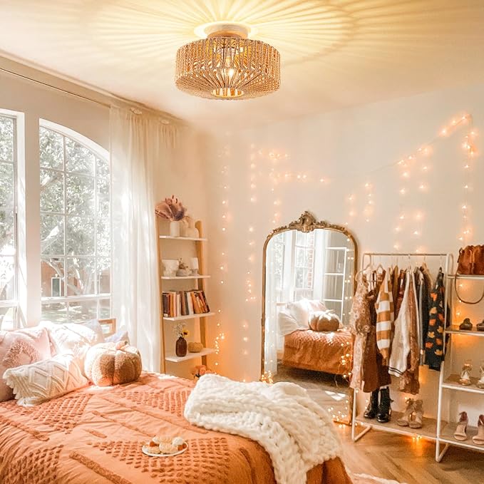 Boho Rattan Ceiling Light - Flush Mount Mini Chandelier Woven Light Fixture for Bedroom, Hallway, Entryway, Bathroom, Nursery