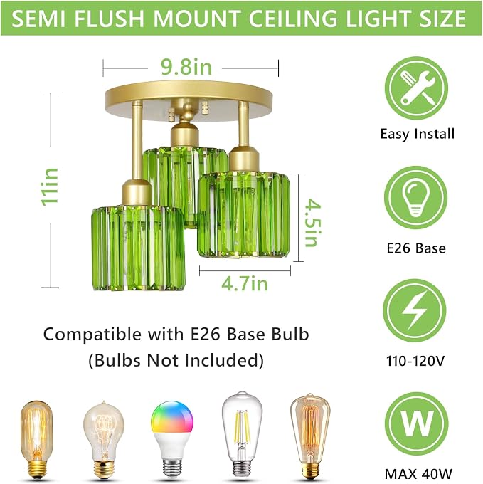 PAUFUL Green Crystal Close to Ceiling Light Fixtures,3-Light Modern Semi Flush Mount Ceiling Light,Kitchen Light Fixture with Crystal Shades,Hallway Lighting Fixture for Entryway Bedroom Bathroom