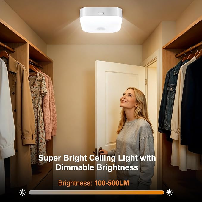 Rechargeable Motion Sensor Ceiling Light Indoor Closet Light with Remote | Battery Operated Ceiling Light with Timer - Wireless Dimmable Magnetic Mount Shower Lamp for Bathroom/Stairs/Garage/Hallway