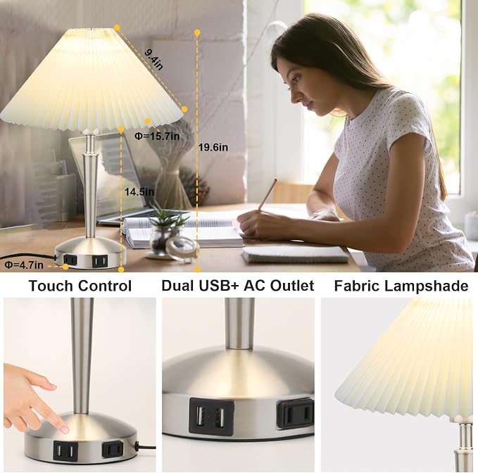 Touch Bedside Table Lamp - Modern Small Lamp for Bedroom Living Room Nightstand, Desk lamp with Fabric Lamp Shade, Warm LED Bulb, 3 Way Dimmable, Simple Design Mother's Day Gifts (Silver)