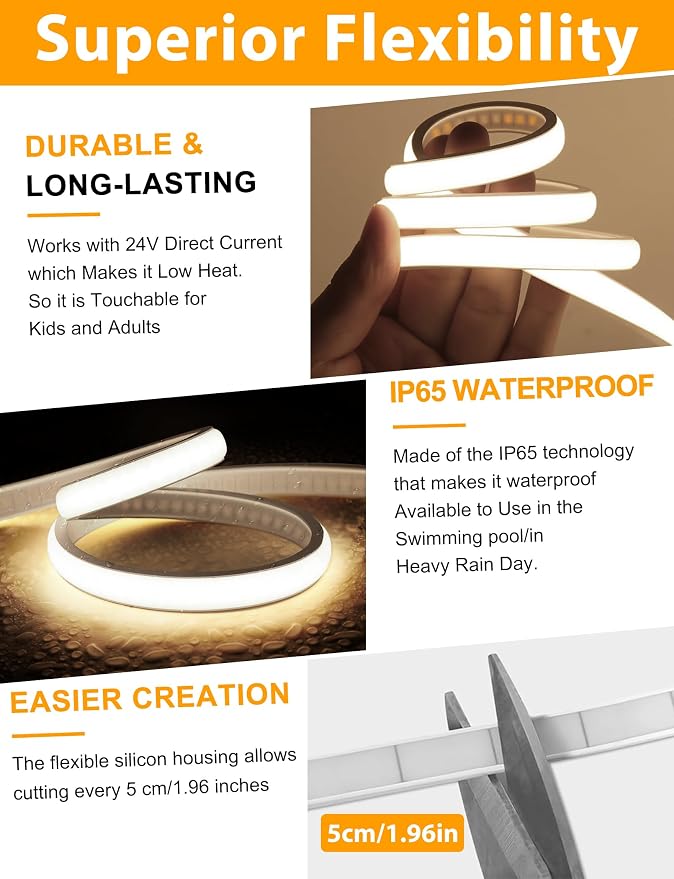 Lamomo COB LED Strip Lights 6.56Ft, Natural White Dimmable Self-Adhesive Led Rope Light with Remote, Flexible Cuttable Waterproof 3000K Silicone Neon Tape Light for Bedroom, Cabinet, 10mm Width