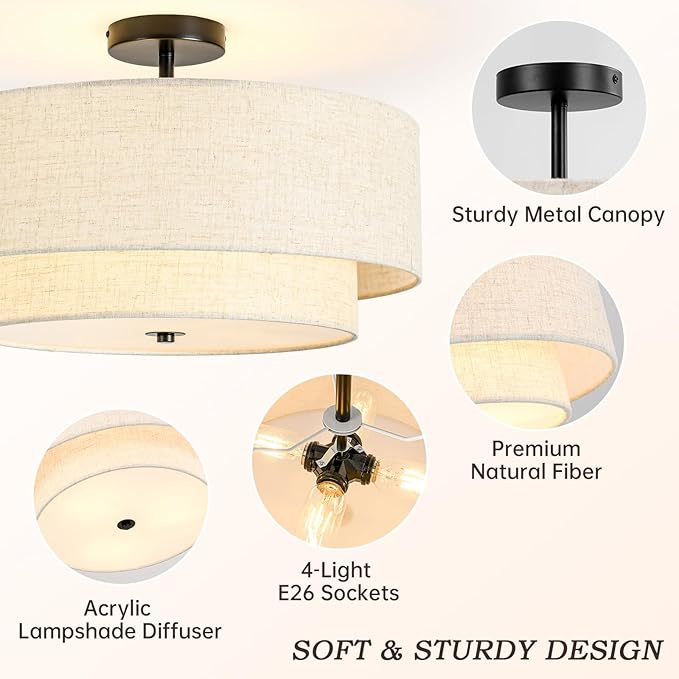 4-Light Semi Flush Mount Ceiling Light, 19.7" Double Drum Ceiling Light | 2-Tier Fabric Linen Shade Design, Modern Style, Black Ceiling Light for Dining Room, Living Room, Bedroom, Hallway, Entryway