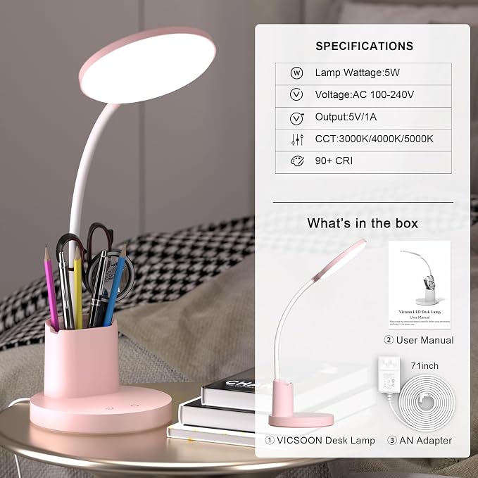LED Desk Lamp for College Dorm with Pen Phone Holder, Pink | 3 Color Modes Dimmable Desk Light, College Dorm Essentials, 360° Adjustable Arm, Eye-caring Bedside Reading Lamp, 800 Lumen