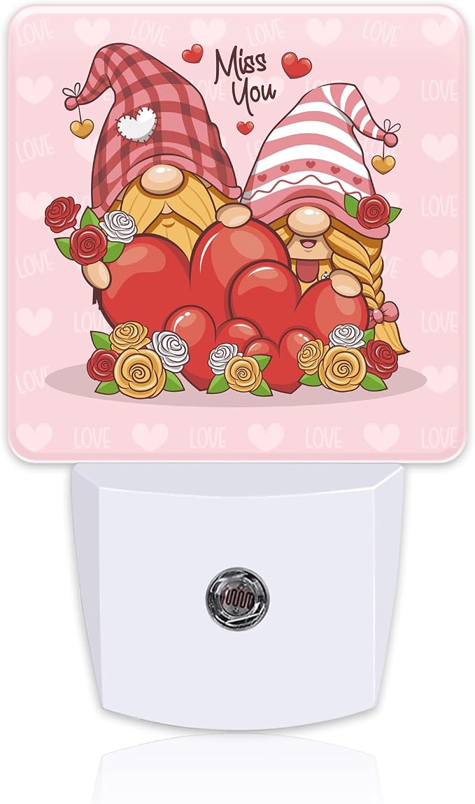 Valentine's Day Gnome Couple Night Light for Kids, Gnomes with Love Red Hearts Night Light Plug in with Dusk to Dawn Sensor,0.5w Energy Saving Nightlight for Hallway Stairway Kitchen Bedroom