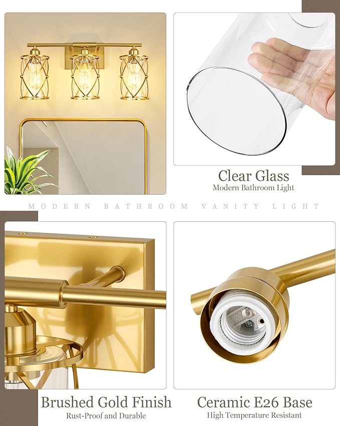 3-Light Brushed Gold Bathroom Light Fixtures, 21 Inch Modern Bathroom Vanity Lighting Fixtures Over Mirror with Clear Glass and Metal Cage Wall Sconce Lights for Bath, E26, CH9176BG-3W