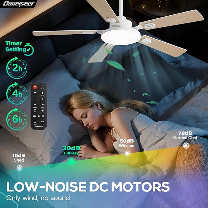 Conciseer 52 Inch Ceiling Fans with Lights and Remote for Bedroom Living Room Kitchen Office, Indoor/Outdoor Use, 6CCT Dimmable, 5 Blades, 6 Speed Reversible Quiet DC Motor, White/Wood Grain