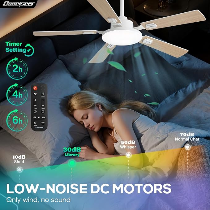 Conciseer 52 Inch Ceiling Fans with Lights and Remote for Bedroom Living Room Kitchen Office, Indoor/Outdoor Use, 6CCT Dimmable, 5 Blades 6 Speed Reversible Quiet DC Motor, White/Wood Grain, 2 Pack