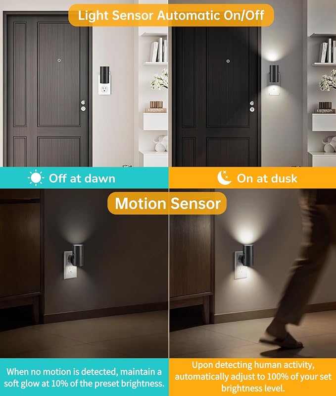 TSEXES Night Light Plug in Wall with Motion Sensor,5000K Daylight, 2 Pack | Motion Activated & Dusk to Dawn Sensor,Dimmbale, 5-300LM Adjustable Brightness, For Kitchen, Hallway, Bedroom, Stairs