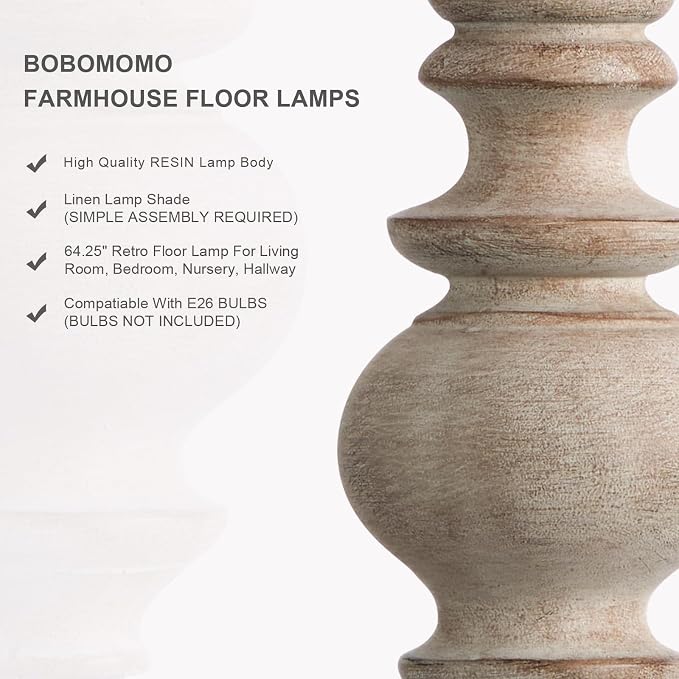 BOBOMOMO 64.25" Farmhouse Floor Lamp for Living Room, Tall Antique Gray Standing Lamp with Rotary Switch, Vintage Reading Lamp for Bedroom & Nursery, Rustic Home Decor Corner Lamp