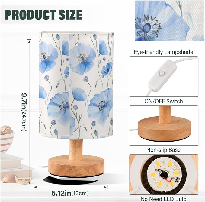 Light Blue Poppy Flowers Blue and White Bedside Table Lamps with USB Port for Bedroom Lamp Accent Table Lamp Small Nightstand Lamp Sturdy Linen Shade Wooden Decorative Lamps for Office Dorm Home