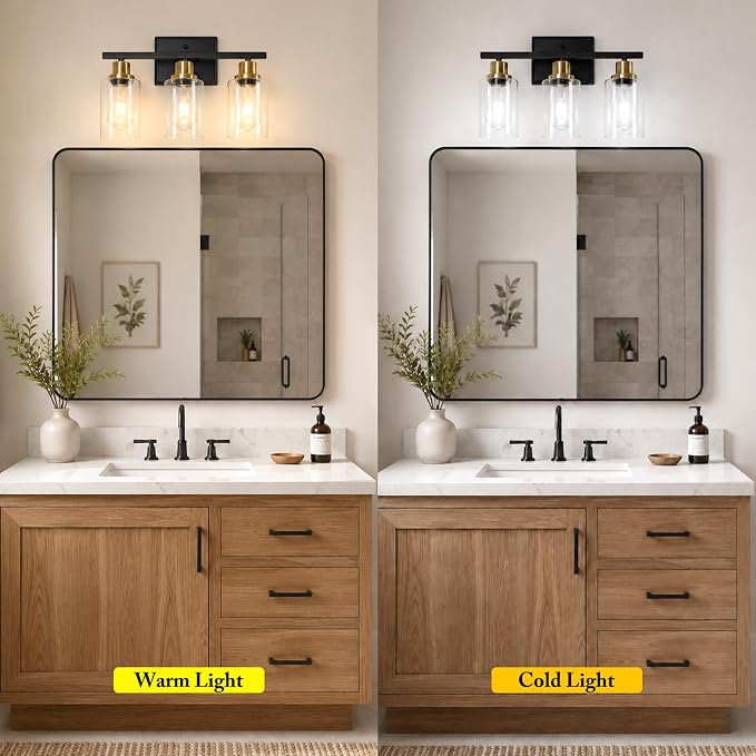 Ascher Bathroom Vanity Light Fixtures, 3 Light Wall Sconces Lighting with Clear Glass Shade, Black and Gold Wall Lights for Mirror, Kitchen, Living Room, Hallway, E26 Base (Bulbs Not Included)