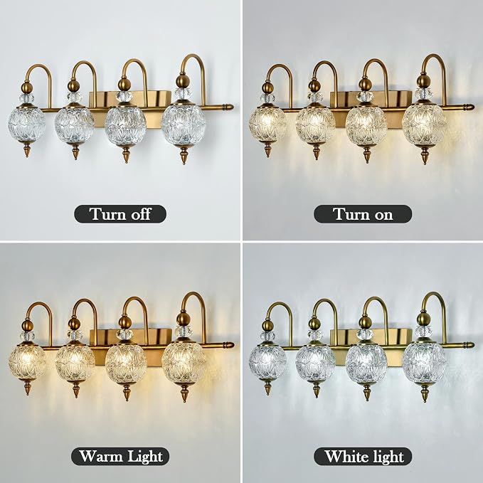 Piepooye Vintage Bathroom Light Fixtures Gold Vanity Light with Glass Globe LampShade 4 Lights Brushed Brass G9 Bulb Wall Sconce Antique Indoor Vanity Light Over Mirror for Kitchen Bedroom Living Room