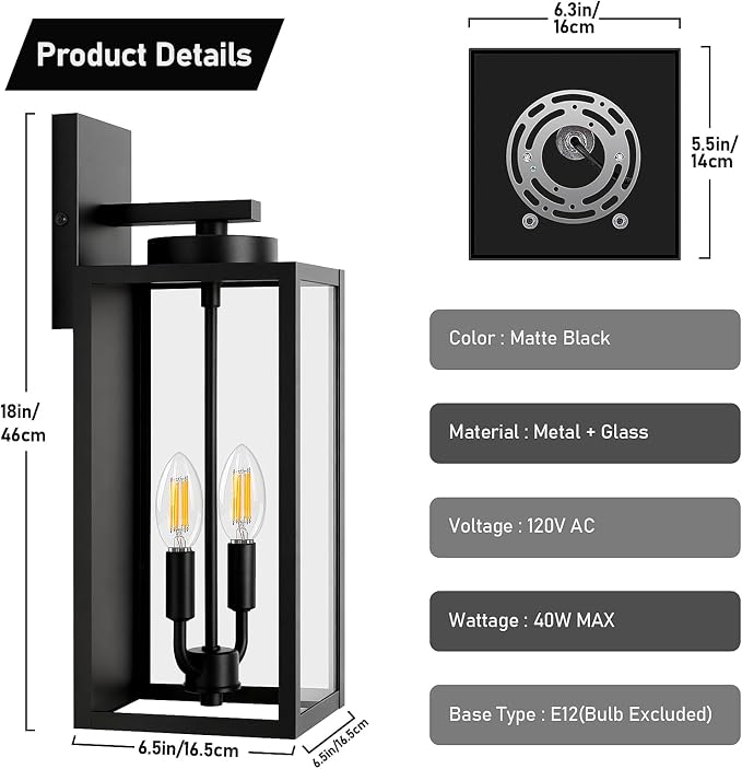 18” Large Outdoor Wall Light, 2-Light Exterior Porch Sconce, Black | Waterproof, Rust-Resistant, Durable Metal with Clear Glass, Standard E12 Socket, Easy to Install