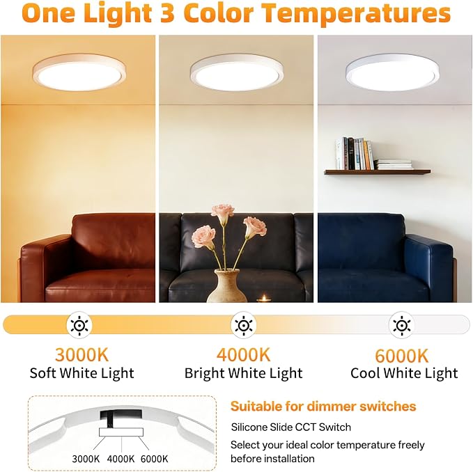 7Inch 4Pack LED Flush Mount Ceiling Light,3CCT,ETL Listed,Dimmable White | Hardwired 3CCT Selectable 3000K-6000K,18W 1400LM Dimmable Round Flat Panel Light Fixture for Bedroom/Kitchen,Bathroom&Indoor