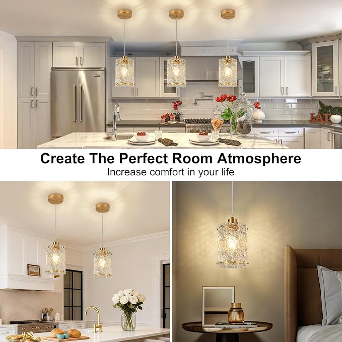 Gold Pendant Lights Kitchen Island 2 Pack Modern Water Ripple Glass Pendant Lights Mini Chandelier Adjustable Hanging Pendant Lighting for Kitchen Island Dining Room Over Sink Table Entryway