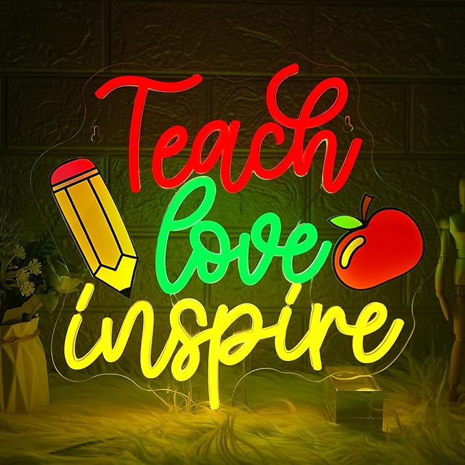WLHOPE Teach Love Inspire Neon Sign Led Signs for Classroom Wall Decor Neon Lights Acrylic Board Sign for Study Room Bedroom Teacher'S Day Gift Decoration