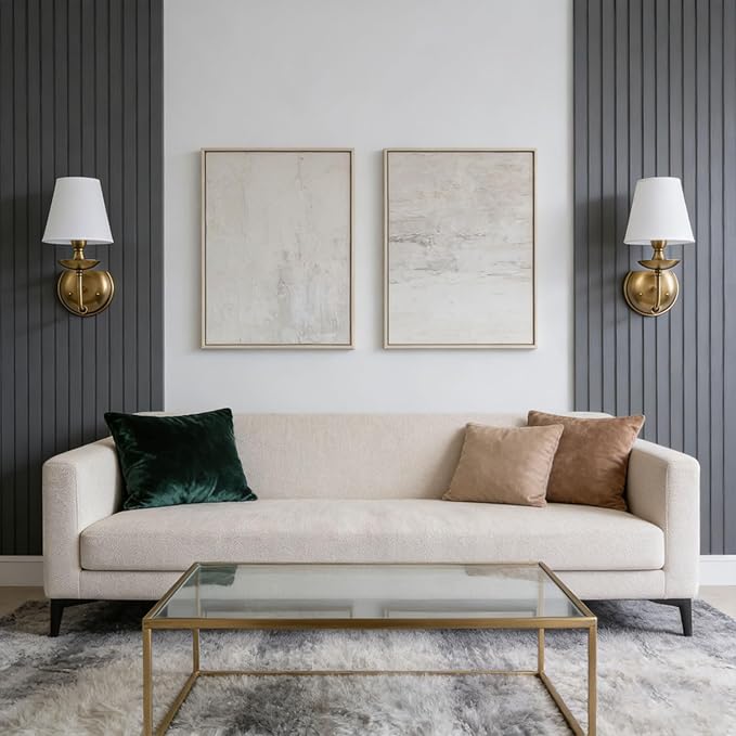 Aiwen Wall Lamps Polished Solid Brass Finish with Eggshell/White Flax Fabric Shade 1 Light