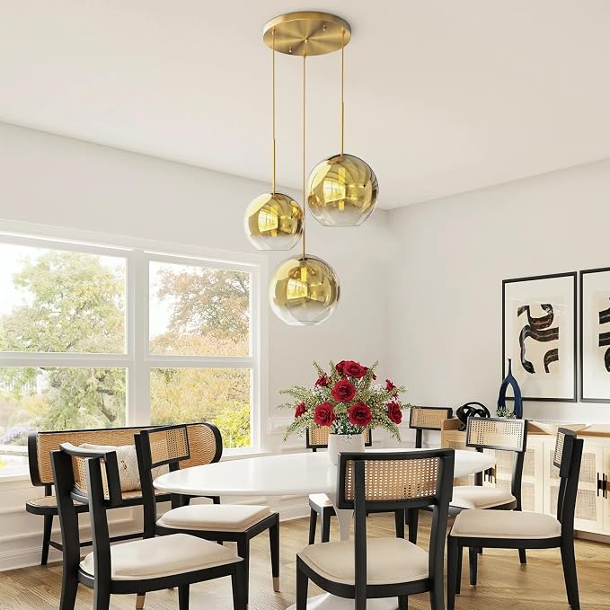 Modern Globe Pendant Lighting Gradient Gold Glass Pendant Light Fixtures Dining Room Adjustable Hanging Cluster Pendant Lamp Nordic 3-Light Heads Chandeliers Lighting for Kitchen Bedroom