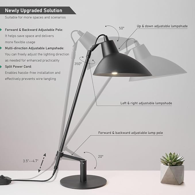 Desk Lamp Modern Industrial 100% Metal Adjustable Table Lamp 24", Natural Light (4000K) with Dimmer, Ideal for Office Bedroom Study Room Living Room Nightstand Bedside Lamps Sand Black