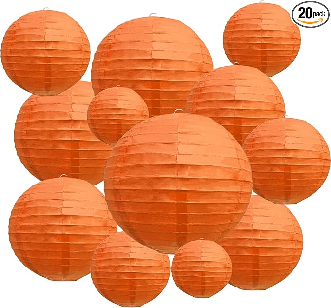 20Pcs Orange Paper Lanterns for Parties, 6” 8” 10” 12” Chinese Asian Hanging Round Paper Lanterns for Birthday Wedding Halloween Christmas Home Decor Party Decor