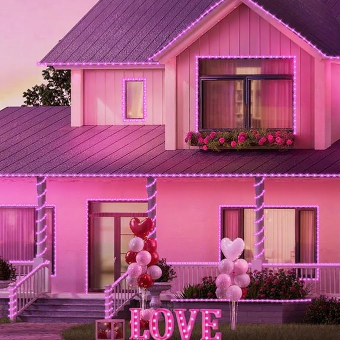 YEGUO Solar Rope Light Outdoor Waterproof, 66ft 200 LED Pink String Lights, 8 Modes Tube Christmas Lights in Clear Thin Tube