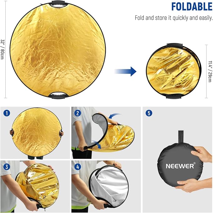 NEEWER 32"/80cm 5 in 1 Light Reflector with Clamp & Hand Grips, Polyester Multi Disc Photography Diffuser, Translucent/Silver/Gold/White/Black, 3/8" Thread, for Studio Outdoor Lighting, RF-80II | Polyester Multi Disc, Photography Diffuser, Translucent,...