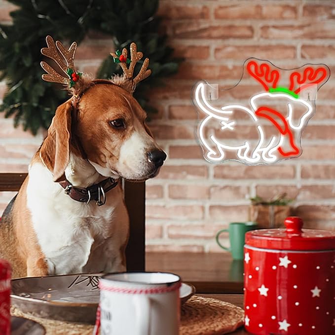 NOSUN Christmas Neon Sign Christmas Dog Elk Horn Neon Sign Dimmable LED Lights for Wall Decor Puppy Dachshund Puppy with Santa Hat Neon Lights Home Kids Bedroom Pet Shop