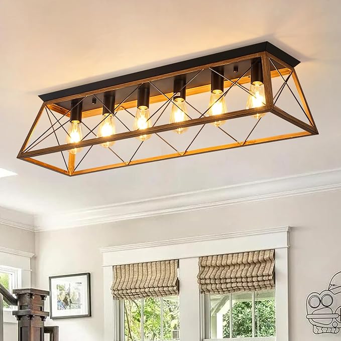 38” Farmhouse Large Flush Mount Ceiling Light Fixture with Walnut Finish | 6-Light Vintage Industrial Flush Mount Chandelier with Cage Design for Dining Room Kitchen Island Living Room Hallway