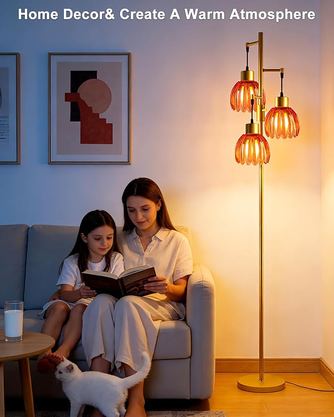Lightdot 65'' Glass Floor Lamp Dimmable Gold with Deep Red Lotus Glass Shade & 3000K Bulbs Included 3-Lights Modern Tall Standing Lamp with 5Lbs Heavy Base for Living Room/Bedroom/Sofa/Corner Decor