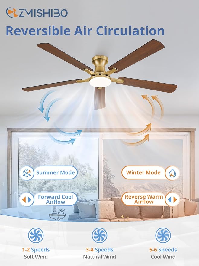 ZMISHIBO 60 Inch Ceiling Fans with Lights, Remote&App Control, Flush Mount | Low Profile, Dimmable 20W LED Light, Quiet Reversible Motor, Strong Airflow, Easy Install for Bedroom/Living Room/Apt, Gold