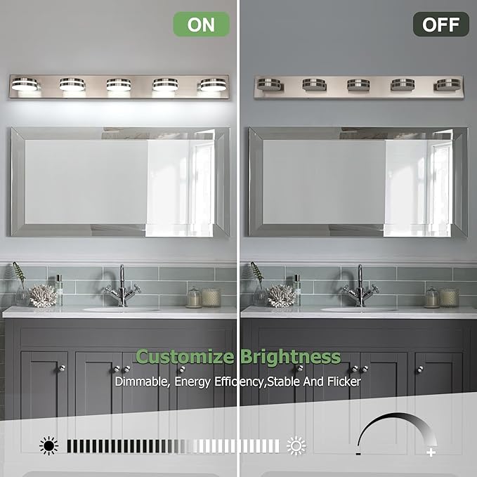 Brushed Nickel Bathroom Light Fixtures Over Mirror, 5-Light Bathroom Vanity Light, LED Dimmable Bath Lights, Modern Dimmable Vanity Lighting with Rotating Lamp Head, 5500K