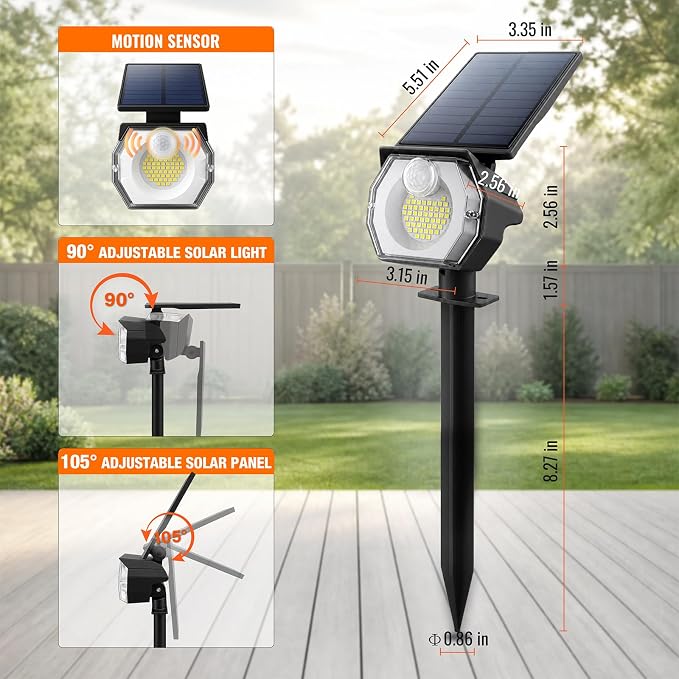Clip-on Solar Spot Lights Outdoor with Motion Sensor for Pathway, Fence | 800LM SUPER BRIGHT 3-in-1 Install IP65 Waterproof Landscape Lighting with 3 Lighting Modes for Fence, Tree, Flag and Garage