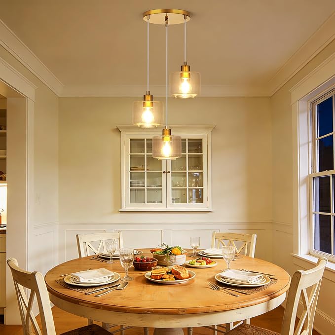 Brushed Gold Dining Room Chandelier Light Fixture, 3-Light Pendant Lighting with Clear Glass, Modern Kitchen Island Cluster Hanging Pendant Lights for Kitchen Dining Room, OS-YQ8153-3BGC